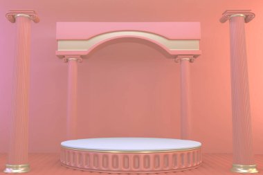 Pembe podyum gösterisi. Pembe arka plan 3D görüntüleme.