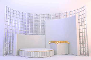 Kozmetik ürünlerin sunumu için modern kaide beyazı ve altın. 3B görüntüleme