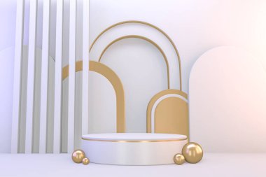 Kozmetik ürünlerin sunumu için modern kaide beyazı ve altın. 3B görüntüleme