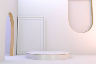 Kozmetik ürünlerin sunumu için modern kaide beyazı ve altın. 3B görüntüleme