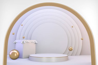 Kozmetik ürünlerin sunumu için modern kaide beyazı ve altın. 3B görüntüleme