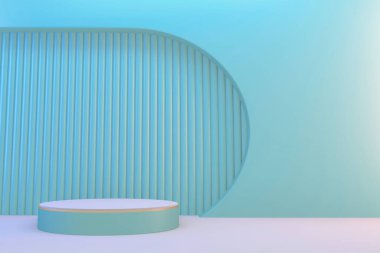 3D görüntüleme. Modern minimalist model yeşil podyum soyut silindir görüntüsü.