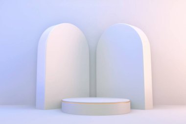 3D görüntüleme. Modern minimalist model beyaz ve altın podyum soyut silindir ekran.