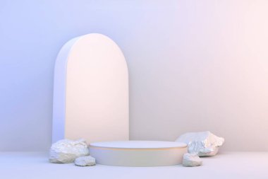 3D görüntüleme. Modern minimalist model beyaz ve altın podyum soyut silindir ekran.