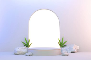 3D görüntüleme. Modern minimalist model beyaz ve altın podyum soyut silindir ekran.
