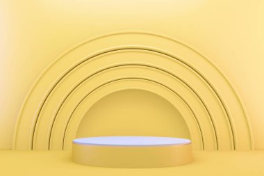 3D görüntüleme. Sarı Modern minimalist, sarı podyum soyut silindir görüntüsü..