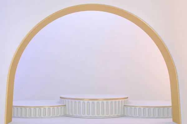 Pedestal Moderno Blanco Dorado Para Presentación Productos Cosméticos Renderizado —  Fotos de Stock