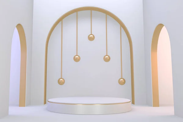 Pedestal Moderno Blanco Dorado Para Presentación Productos Cosméticos Renderizado — Foto de Stock