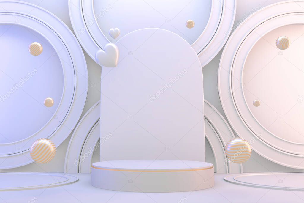 3d rendering. Modern minimalistic mock up  white and gold podium abstract cylinder display.