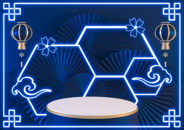 Mavi podyum ışığı neon mavisi kozmetik ürün geometrik 3D görüntüleme