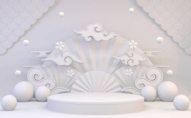 Ürün için Mock up beyaz ve altın Podyum minimum geometrik tasarım 3D görüntüleme