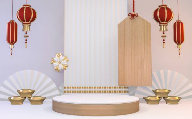 Ürün için Mock up beyaz ve altın Podyum minimum geometrik tasarım 3D görüntüleme