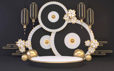 Siyah ve beyaz podyum minimum geometrik 3D görüntüleme