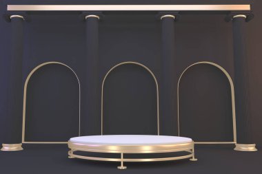 Modern Siyah granit arka plan ve siyah podyum kozmetik ürün geometriğini gösteriyor. 3B görüntüleme