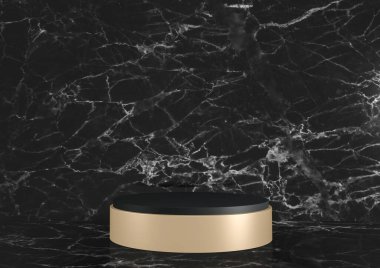 Modern Siyah granit arka plan ve podyum kozmetik ürün geometriğini gösteriyor. 3B görüntüleme