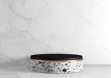 Modern granit arka plan ve podyum kozmetik ürün geometrisini gösteriyor. 3B görüntüleme