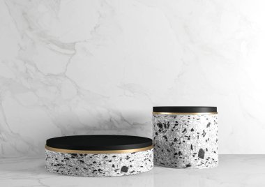 Modern granit arka plan ve podyum kozmetik ürün geometrisini gösteriyor. 3B görüntüleme