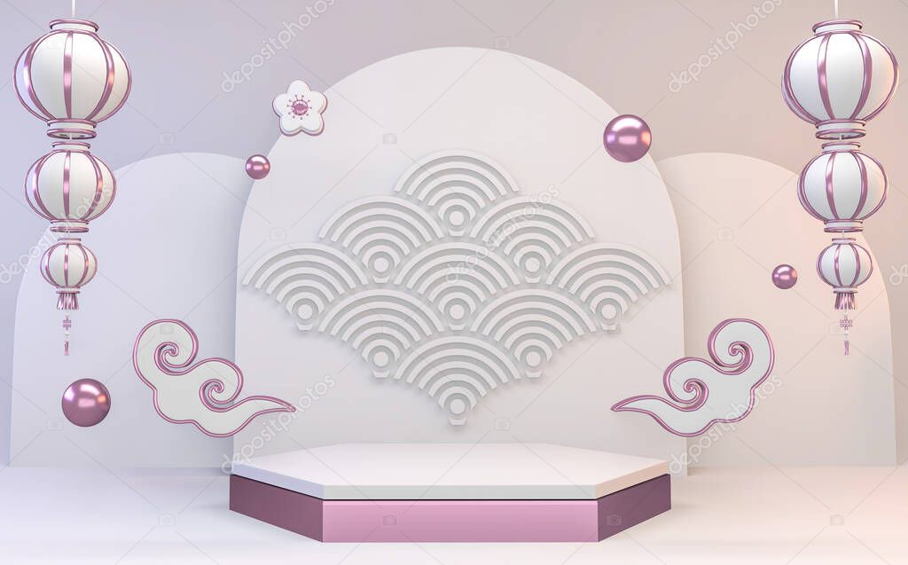 Abstract white and purple japanese Podium modern geometric .3D rendering