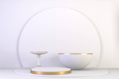 Arka plandaki granit beyazı kozmetik ürünler için Roma podyumu beyazı. 3d oluşturma