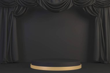 3D görüntüleme, Altın Lüks Podyum Roma tarzı arka plan siyahı ürün gösterimi için.