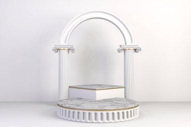 3D görüntüleme, lüks podyum roma tarzı arkaplan beyaz ürün göstermek için.