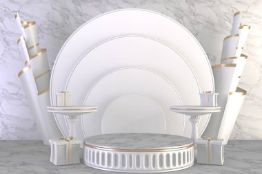 3D görüntüleme, lüks podyum roma tarzı arkaplan beyaz ürün göstermek için.