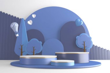 mavi Modern Silindir podyumları mavi ve beyaz ve dekorasyon çizgi filmi 3D