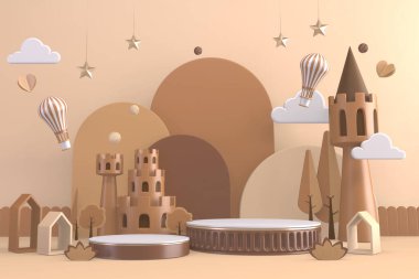 Modern Silindir podyumları kahverengi ve dekorasyon çizgi filmi 3D görüntüleme