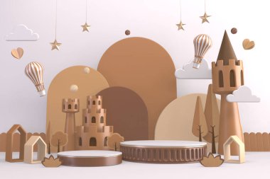 Modern Silindir podyumları kahverengi ve dekorasyon çizgi filmi 3D görüntüleme