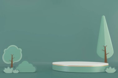 Modern Silindir podyumları yeşil ve dekorasyon çizgi filmi 3D görüntüleme