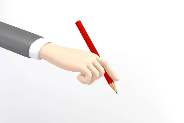 Business Cartoon Mockup Hand Holding Red Pencil White Background Rendering — Stock Photo, Image