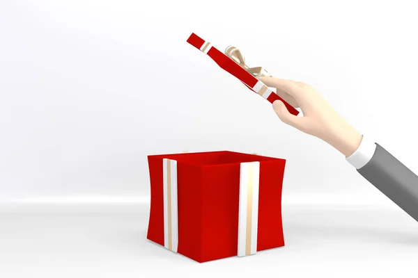 Hand Hålla Öppen Röd Presentförpackning Vit Bakgrund Rendering — Stockfoto