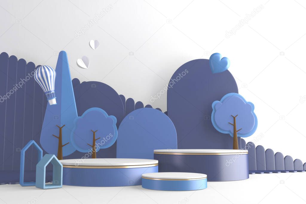 blue Modern Cylinder podiums blue and white and decoration cartoon style.3D rendering
