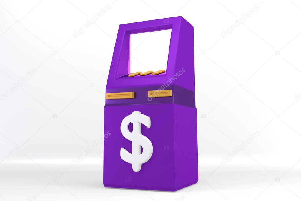 Purple ATM machine business technology on white background. 3d rendering