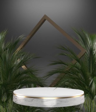 Tropikal granit podyum geometrik ve bitkiler beyaz arka planda 3D görüntüleme