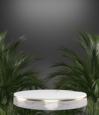 Tropikal granit podyum geometrik ve bitkiler siyah zemin 3D görüntüleme dekorasyonu