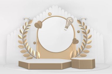 Beyaz arka planda en az tasarım ile zafer altın podyum kazananı. 3B görüntüleme