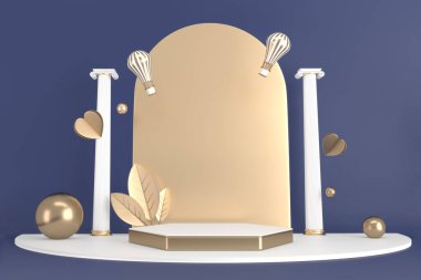 Koyu mavi adacık, kozmetik ürünler için podyum. 3d oluşturma