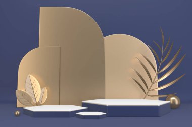 Koyu mavi adacık, kozmetik ürünler için podyum. 3d oluşturma