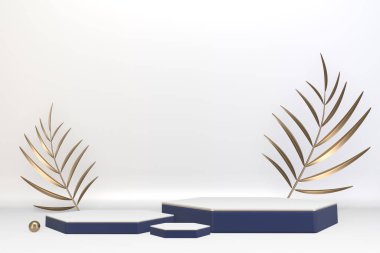 Koyu mavi adacık, kozmetik ürünler için podyum. 3d oluşturma