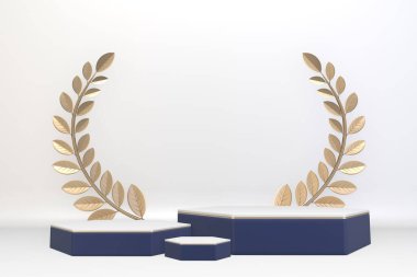 Koyu mavi adacık, kozmetik ürünler için podyum. 3d oluşturma