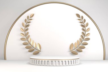 Beyaz arka planda en az tasarım ile zafer altın podyum kazananı. 3B görüntüleme