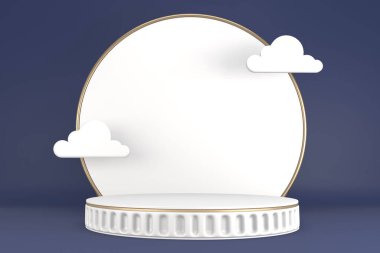 Koyu mavi adacık, kozmetik ürünler için podyum. 3d oluşturma