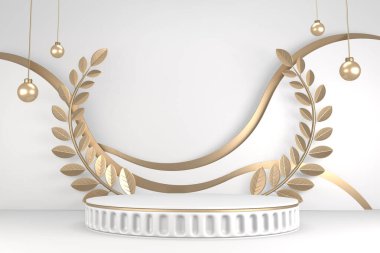 Beyaz arka planda en az tasarım ile zafer altın podyum kazananı. 3B görüntüleme