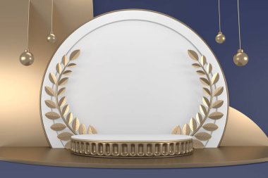 Koyu mavi adacık, kozmetik ürünler için podyum. 3d oluşturma