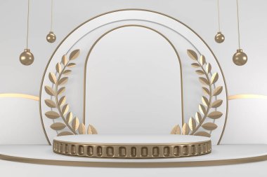 Beyaz arka planda en az tasarım ile zafer altın podyum kazananı. 3B görüntüleme