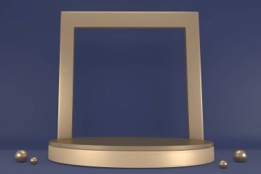 Koyu mavi adacık, kozmetik ürünler için podyum. 3d oluşturma