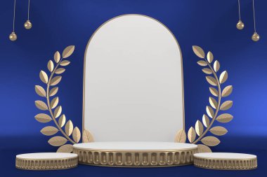 Zafer mavisi enstrüman, kozmetik ürünler podyumu. 3d oluşturma