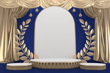 Zafer mavisi enstrüman, kozmetik ürünler podyumu. 3d oluşturma