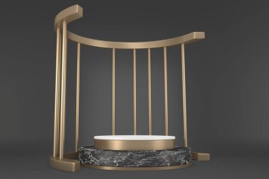 Modern Siyah granit arka plan ve beyaz podyum kozmetik ürün geometriğini gösteriyor. 3B görüntüleme